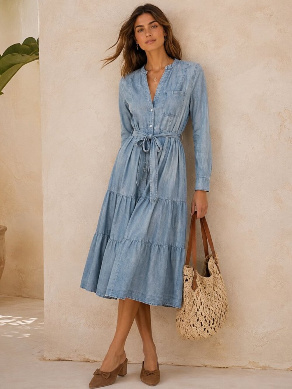 NWOT Light Blue Chambray Tie-Waist Mediterranean Midi Dress